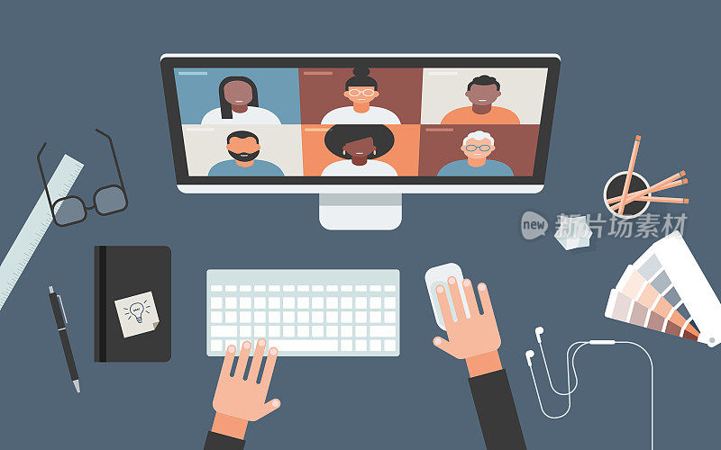 Flat vector illustration of person at desk using computer for video call